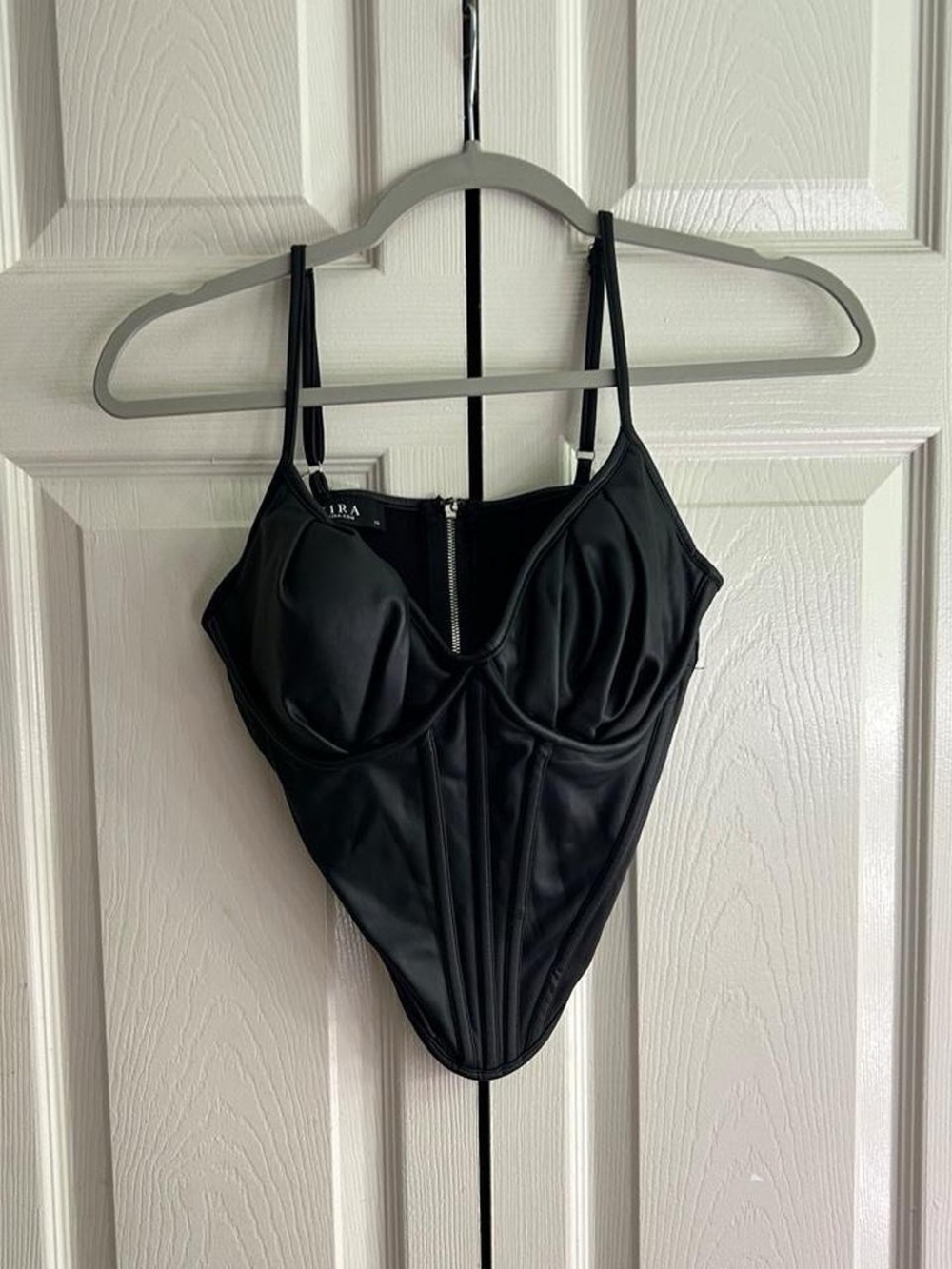 AKIRA Black Satin Bustier Bodysuit with Front Zip